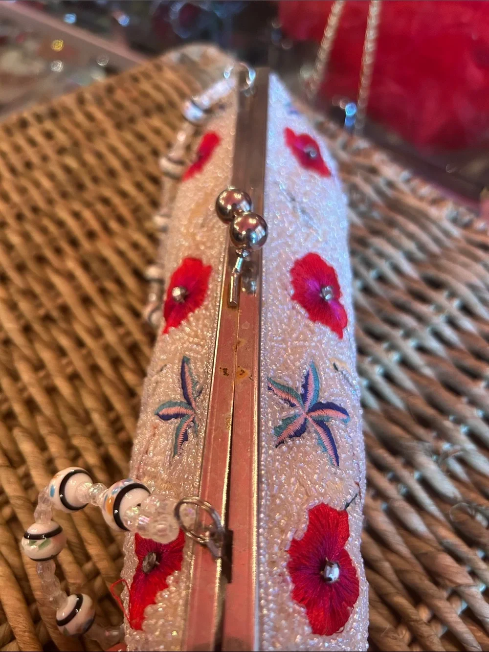 Embroidered Floral Clutch - Red Flowers on Ivory
